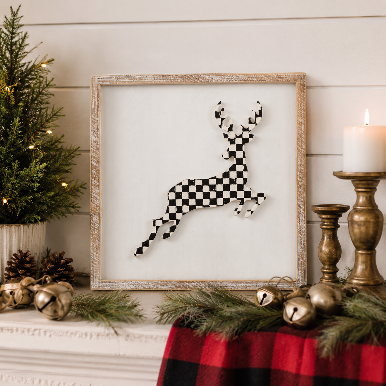 13" Reversible Wood Frame Sign - Reindeer/Leaves | Multicolor