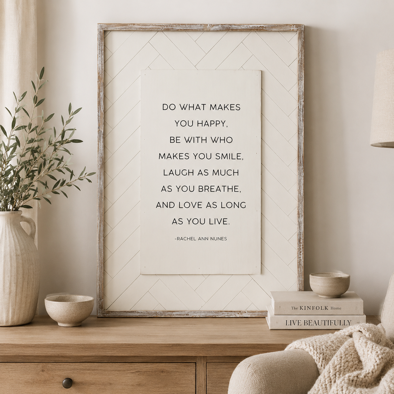 20" x 29" Reversible Wood Frame Sign - Happy/Script | Black and White | Herringbone Collection