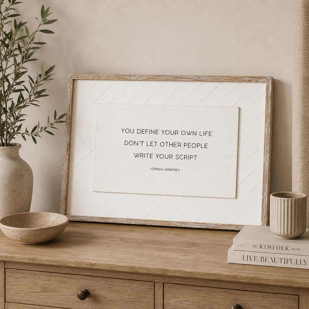 20" x 29" Reversible Wood Frame Sign - Happy/Script | Black and White | Herringbone Collection
