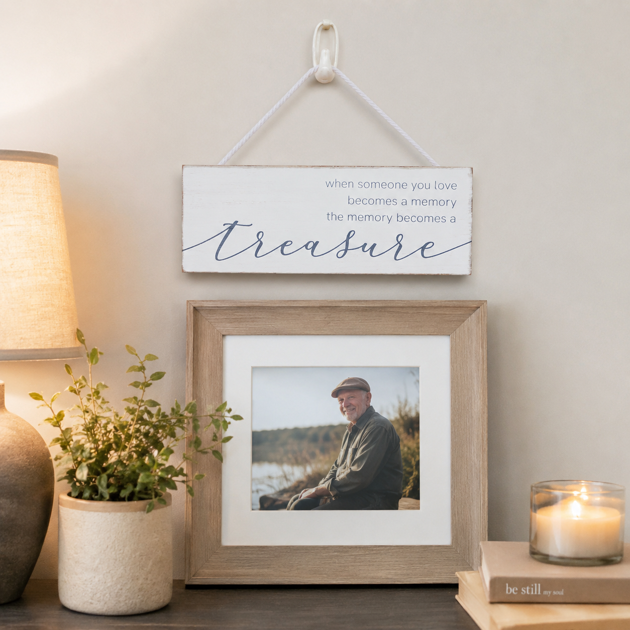 8" x 3" Wood Hanging Sign - Memory Becomes A Treasure | White and Gray | Remember When Collection