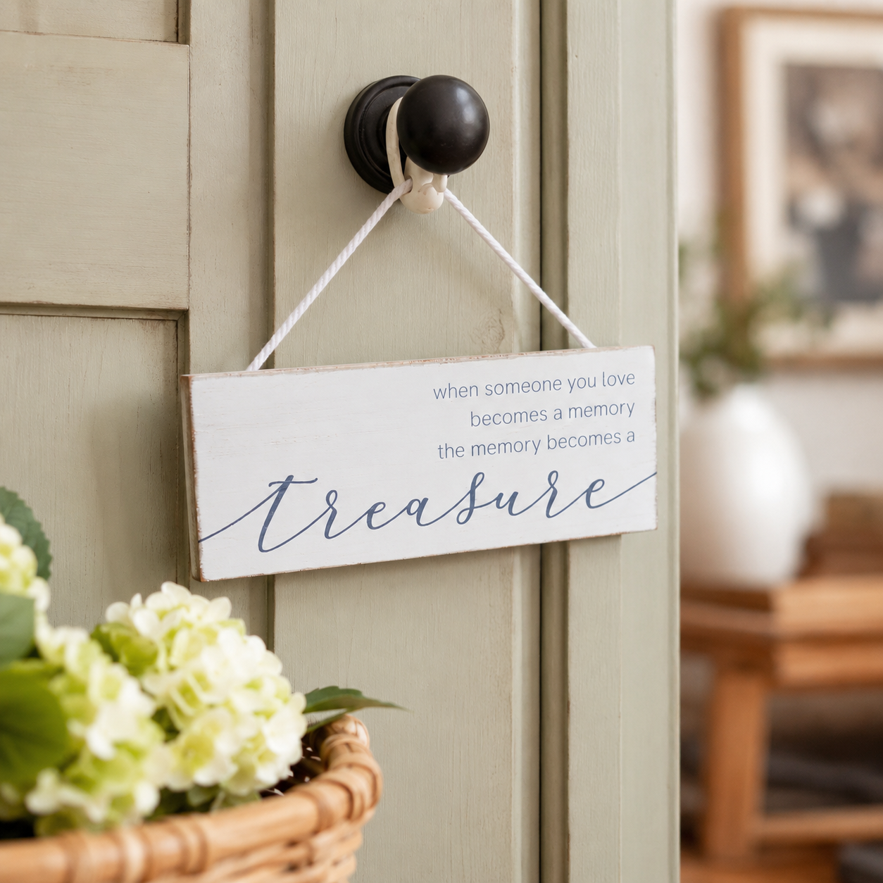8" x 3" Wood Hanging Sign - Memory Becomes A Treasure | White and Gray | Remember When Collection