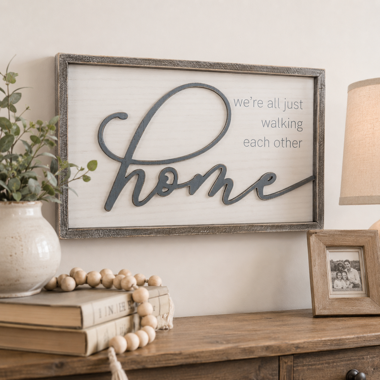 20" x 12" Wood Frame Sign - Walking Each Other Home | White and Gray | Remember When Collection
