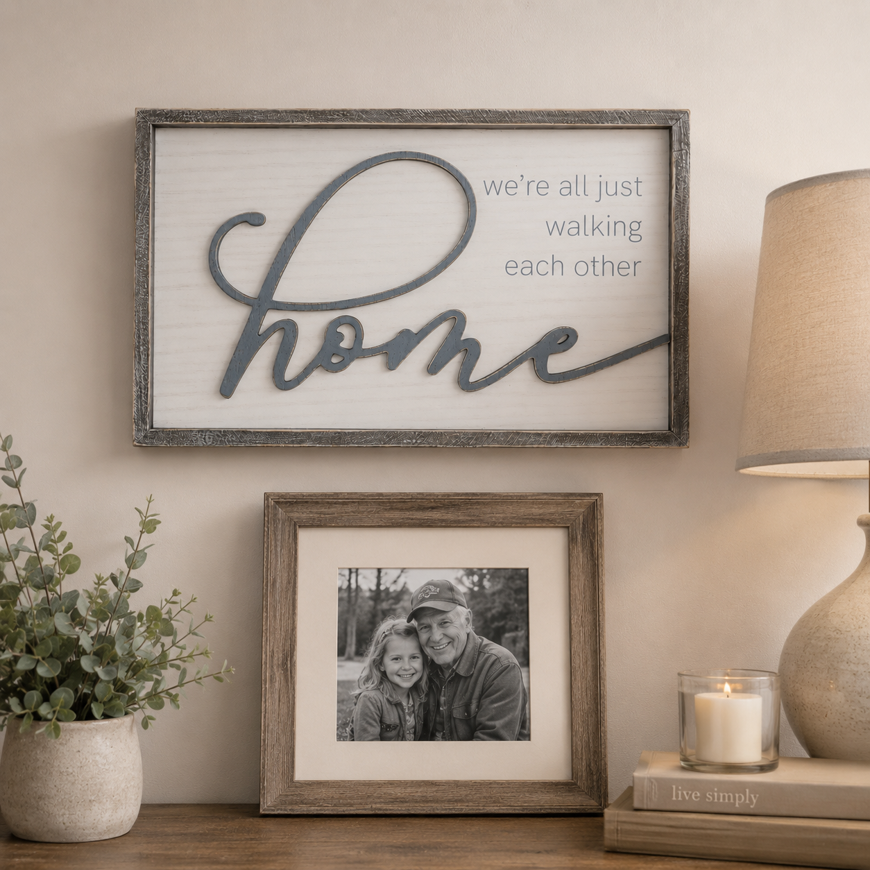 20" x 12" Wood Frame Sign - Walking Each Other Home | White and Gray | Remember When Collection