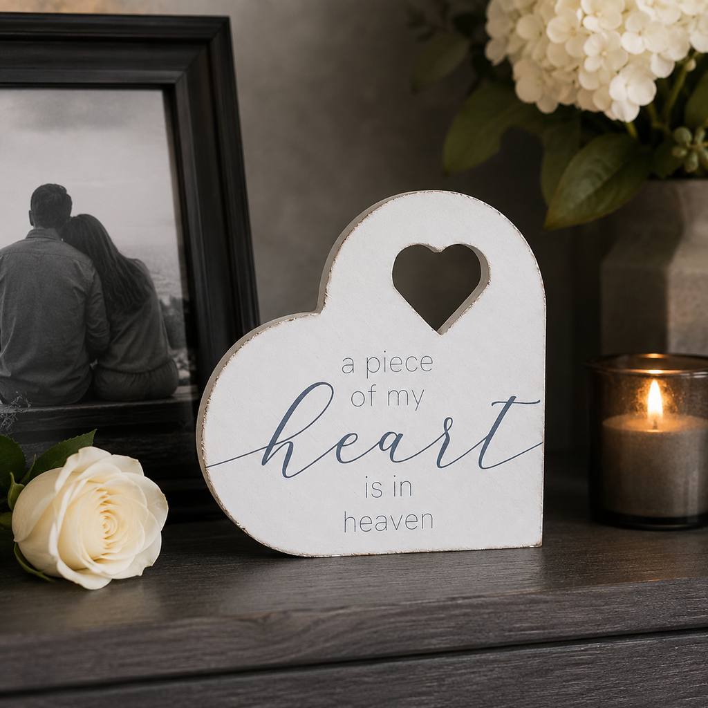 7" Wood Heart Shape - A Piece Of My Heart Is In Heaven | White and Gray | Remember When Collection