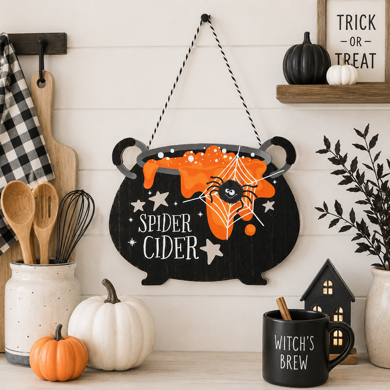 12" Wood Ornament - Cauldron | Multicolor | Pumpkins and Sweets Collection