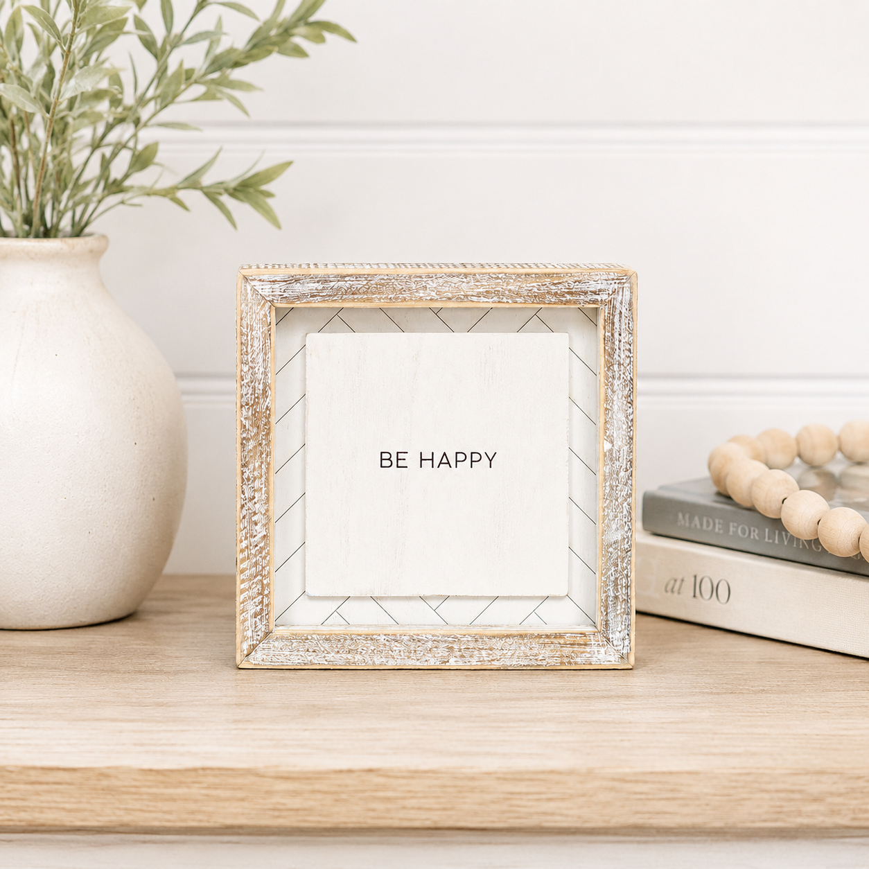 6" Reversible Wood Frame Sign - Happy/Stars | White and Black | Herringbone Collection