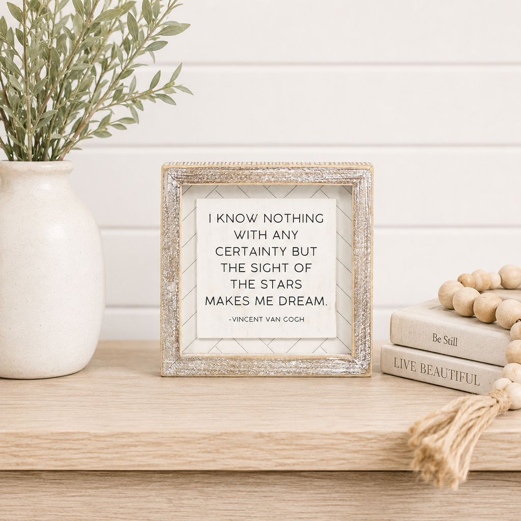 6" Reversible Wood Frame Sign - Happy/Stars | White and Black | Herringbone Collection
