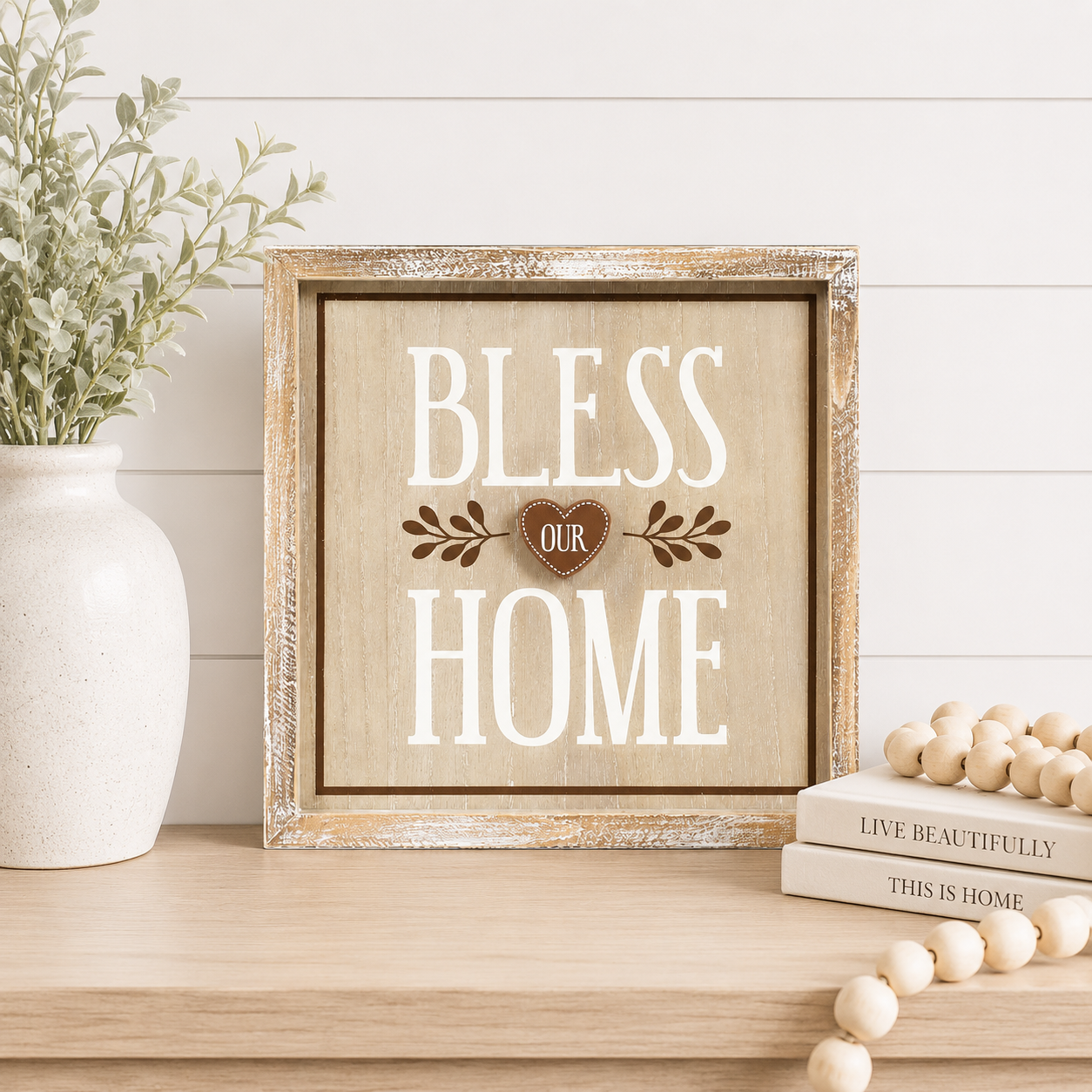 10" Reversible Wood Frame Sign - Horn/Bless Our Home | Multicolor