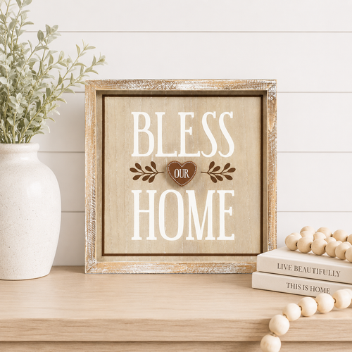 10" Reversible Wood Frame Sign - Horn/Bless Our Home | Multicolor
