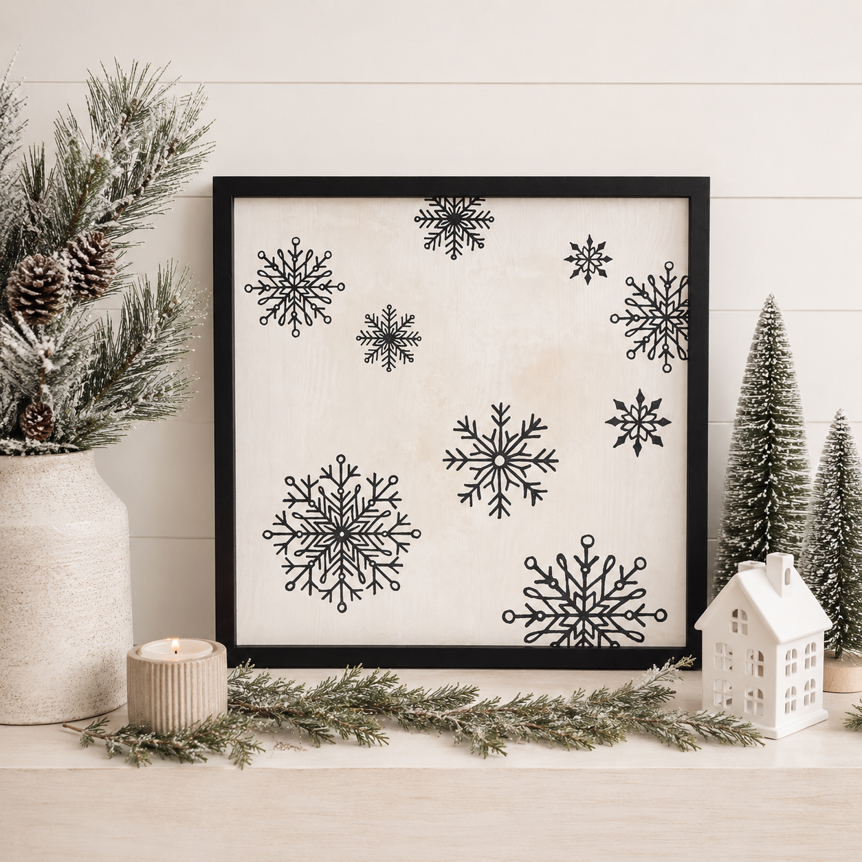 20" Reversible Wood Frame Sign - Snowflake/Stem | White, Black and Green