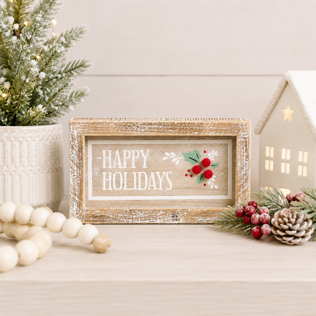 7" x 4" Reversible Wood Frame Sign - Happy Holidays/Love You | Multicolor