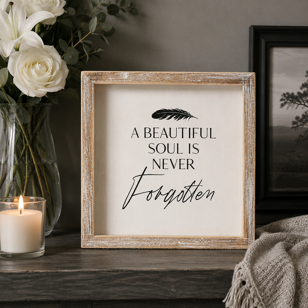 8" Wood Frame Sign - A Beautiful Soul Is Never Forgotten | White and Black | Remember When Collection