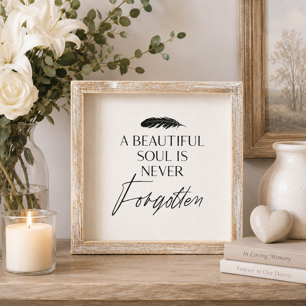 8" Wood Frame Sign - A Beautiful Soul Is Never Forgotten | White and Black | Remember When Collection