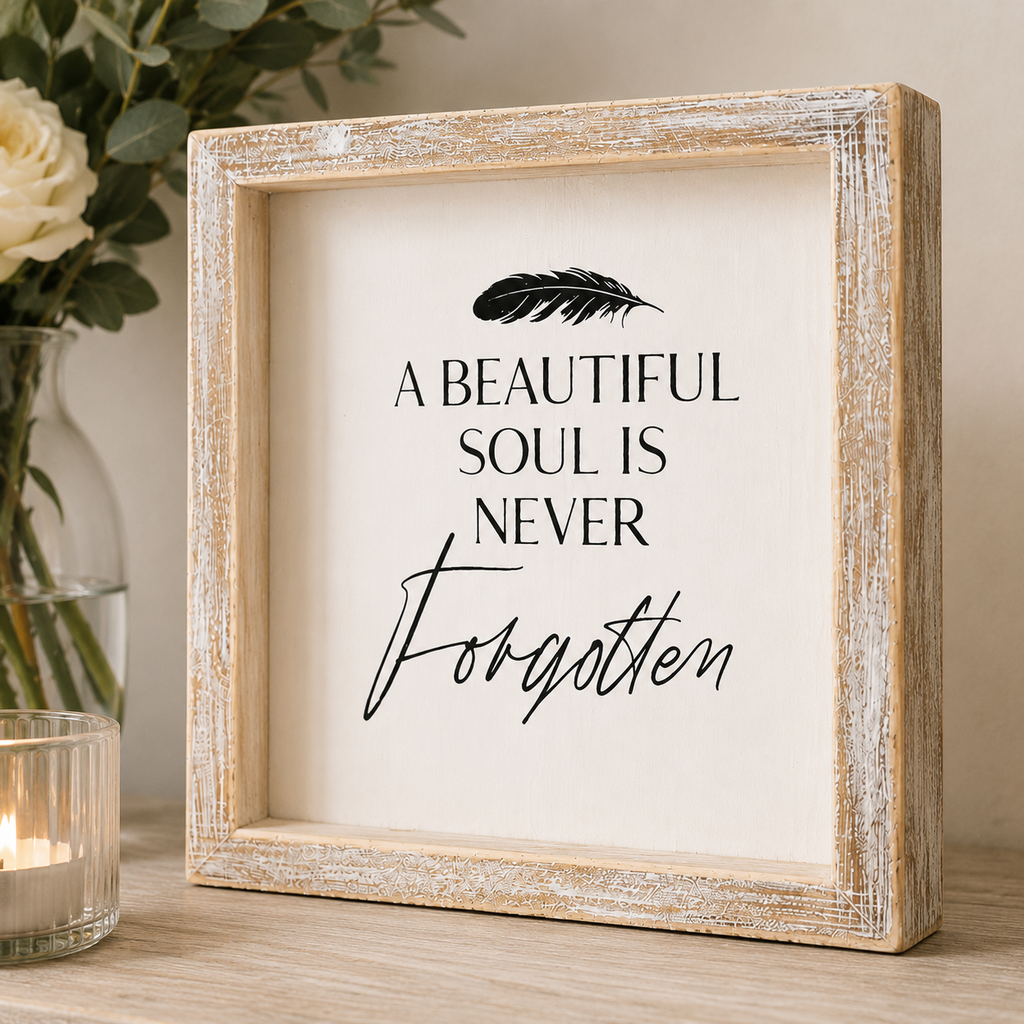 8" Wood Frame Sign - A Beautiful Soul Is Never Forgotten | White and Black | Remember When Collection