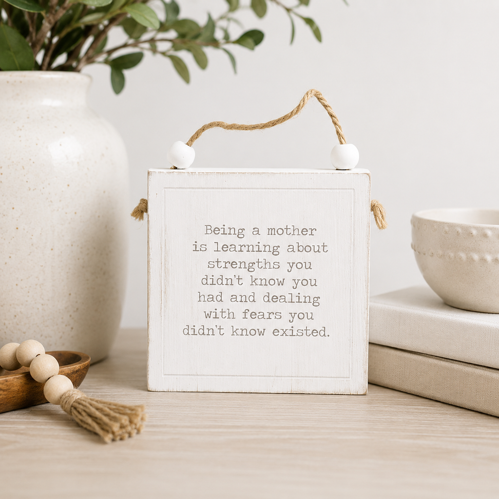 4" Reversible Wood Hanging Sign - Mother/Strength | White and Black | Mother's Day Collection