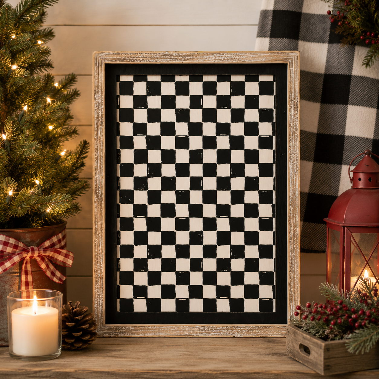 10" x 14" Reversible Wood Frame Sign - Santa/Checkered | Multicolor