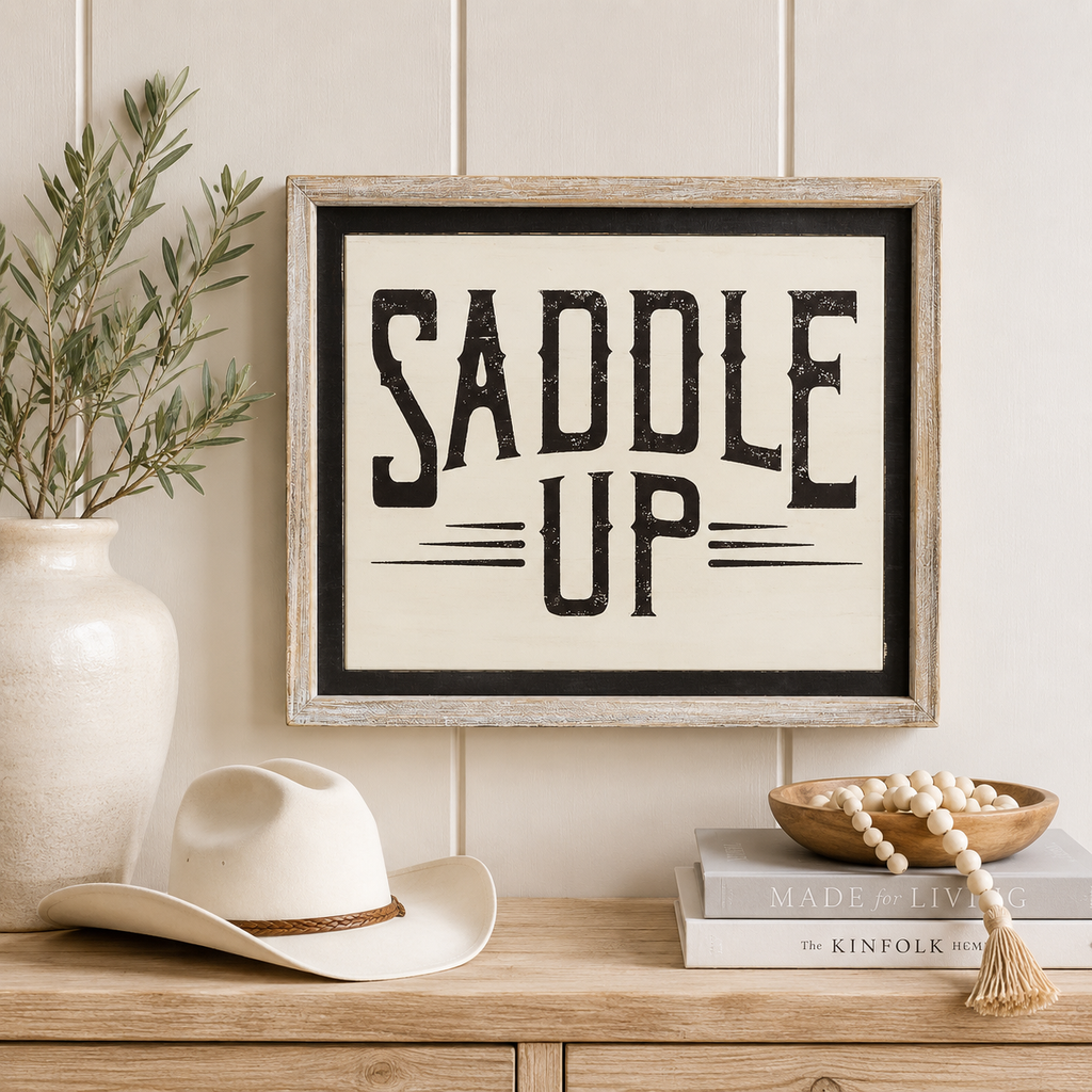 19" x 16" Reversible Wood Frame Sign - River/Saddle Up | Multicolor | Giddy Up Collection