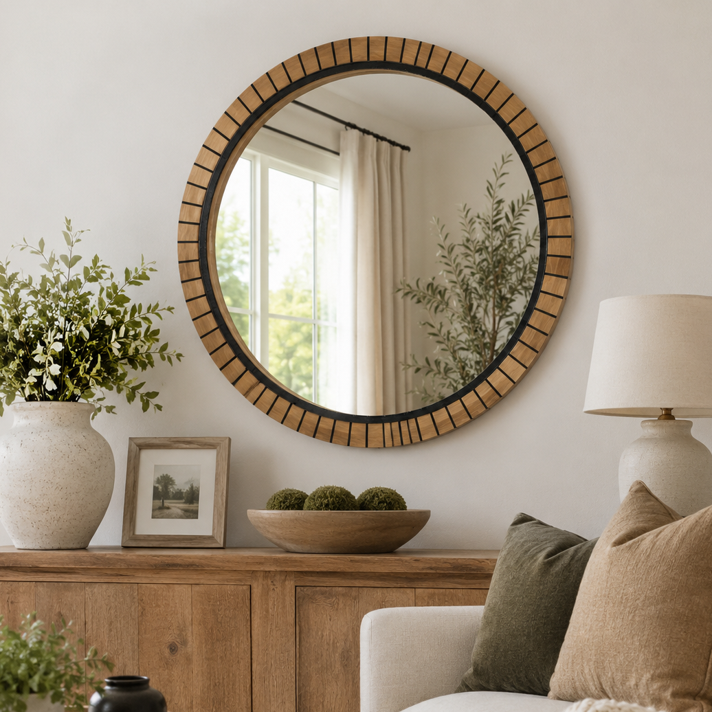 24" Round Wood Mirror - Natural and Black | Neutral Mod Collection