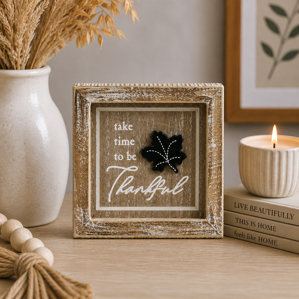 5" Reversible Wood Frame Sign - Flower/Thankful