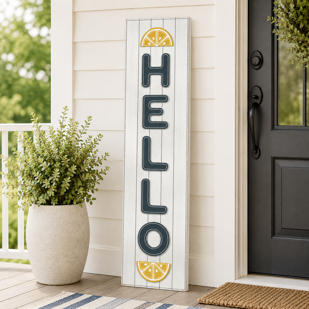 12" x 47" Reversible Wood Sign - Grand Old Flag and Hello Lemons | Multicolor