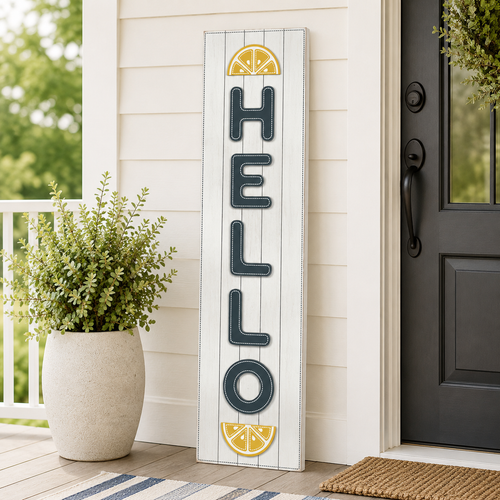 12" x 47" Reversible Wood Sign - Grand Old Flag and Hello Lemons | Multicolor