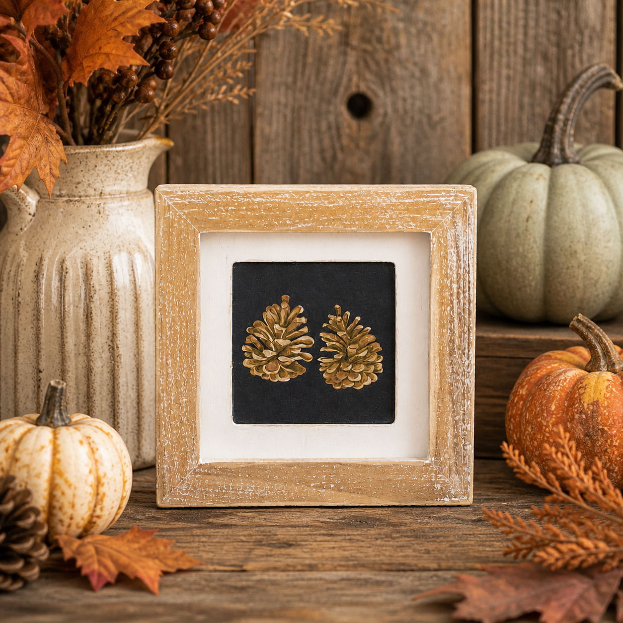 5" Reversible Wood Frame Sign - Pinecones/Leaf