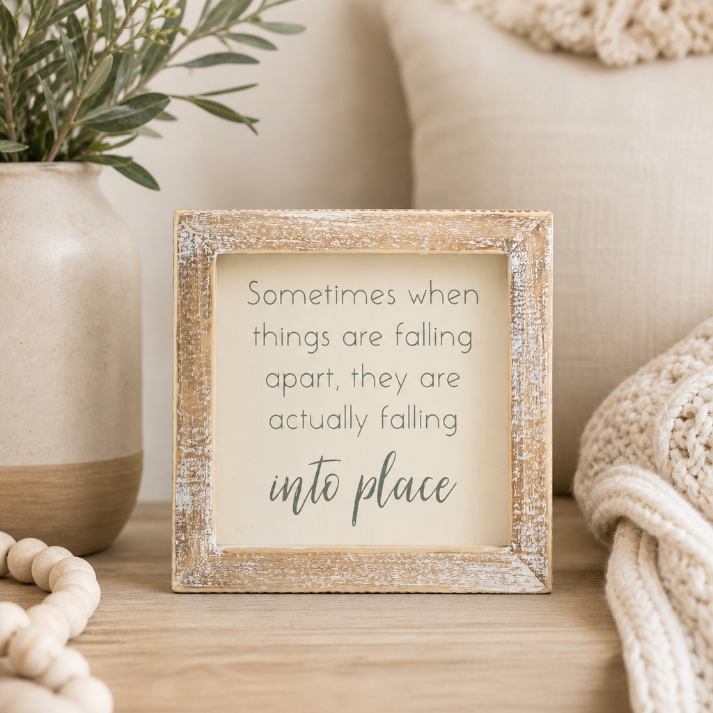 5" Wood Frame Sign - Falling Into Place | White and Gray