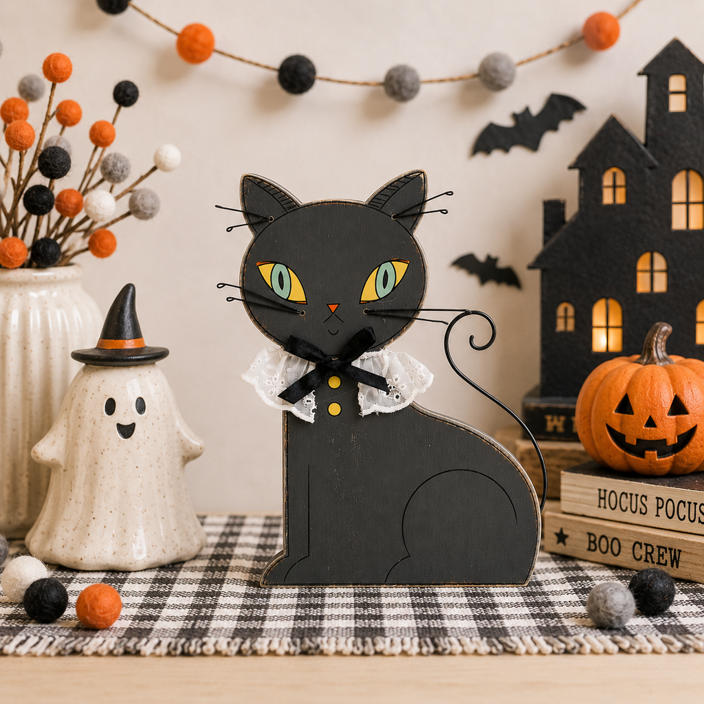 9" Reversible Chunky Wood Shape - Cat | Sweet and Spooky Collection