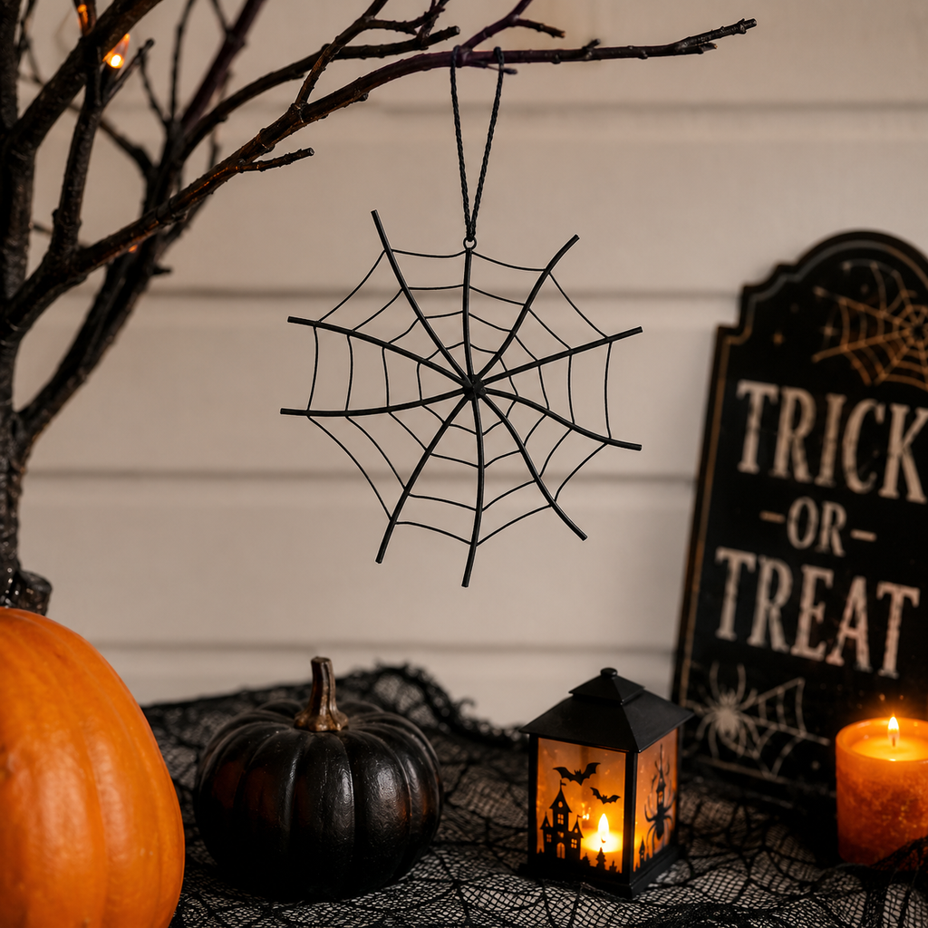 8" Metal Ornament - Spider Web | Black