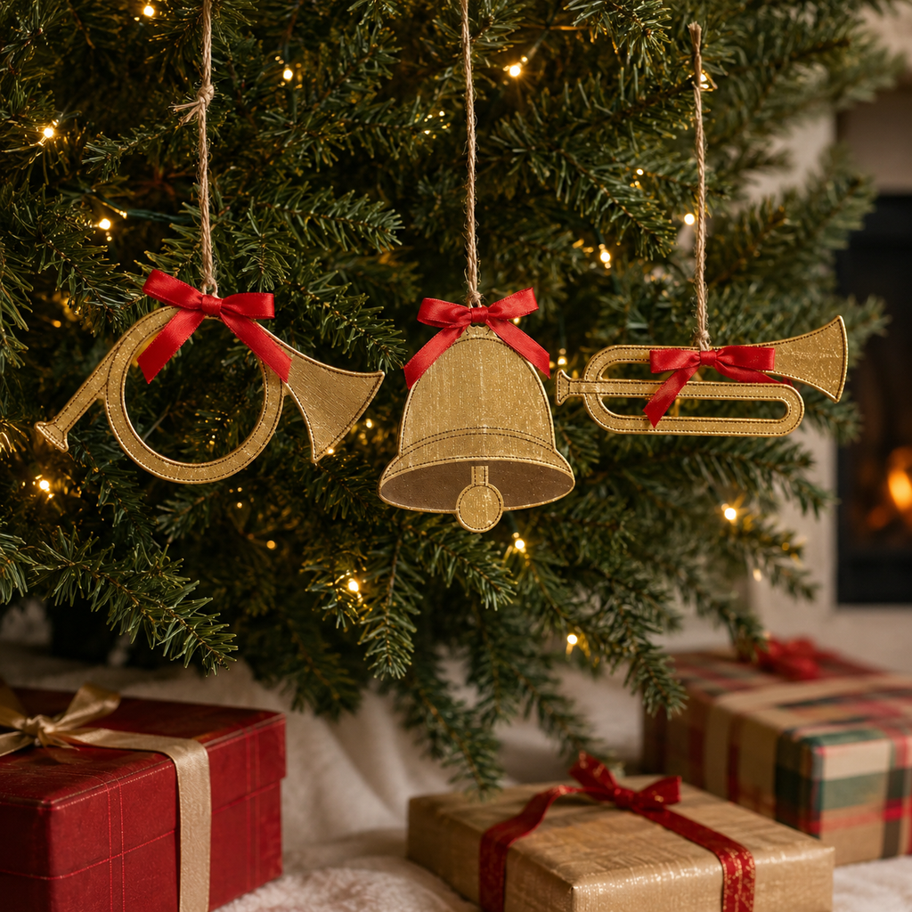 3" Wood Ornament Set - Horn and Bell | Gold and Red