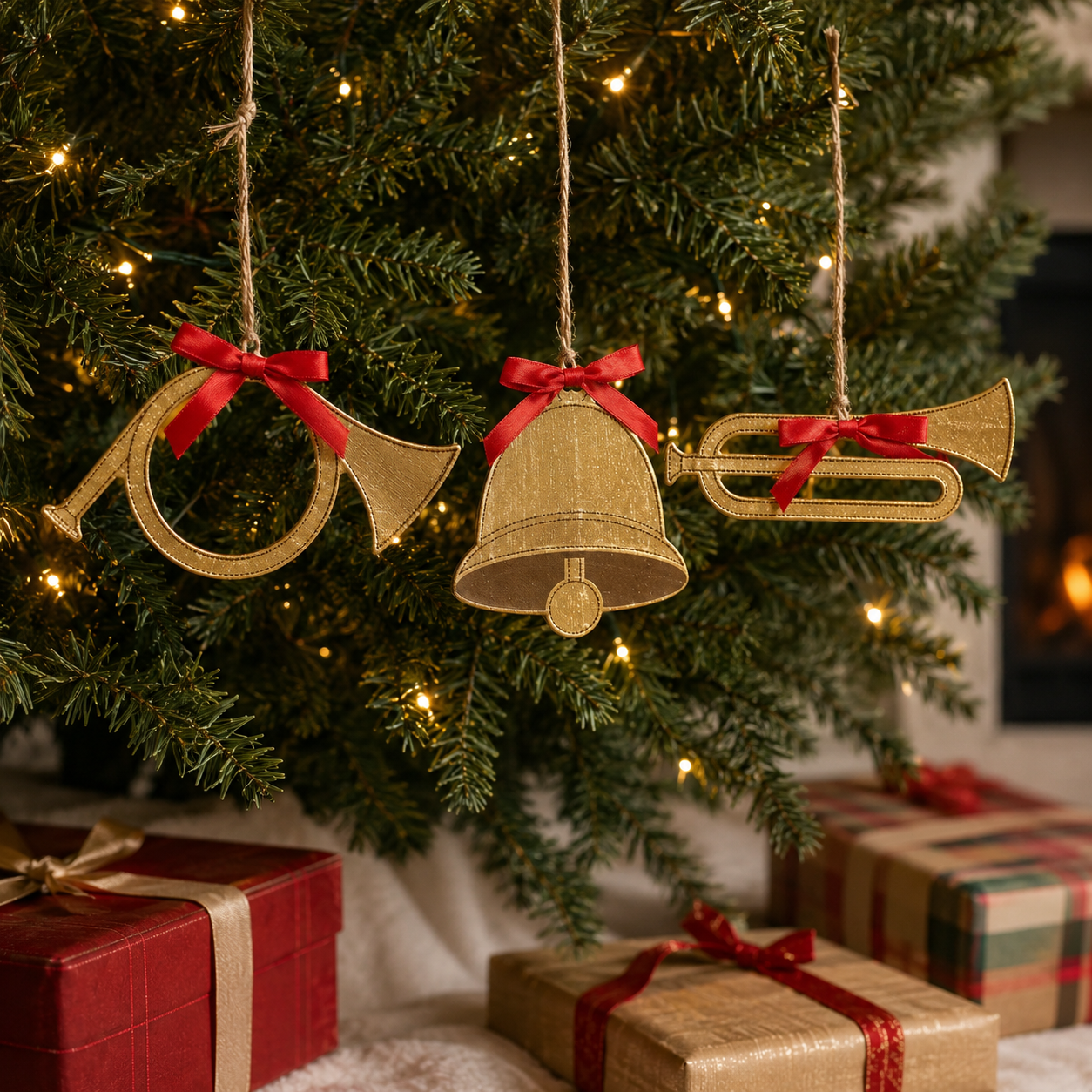 3" Wood Ornament Set - Horn and Bell | Gold and Red