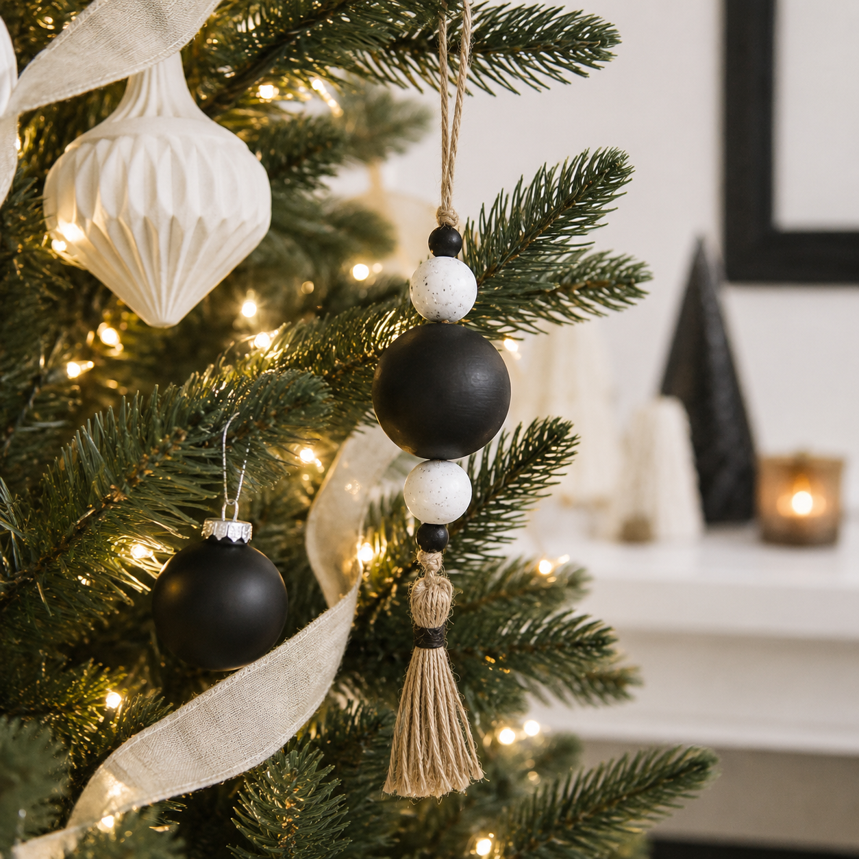 8" Wood Ornament with Tassel and Beads - Black and White