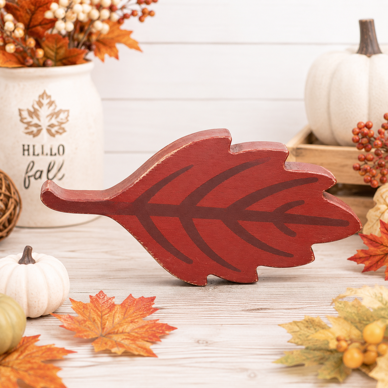 7" Chunky Wood Shape - Leaf | Red and Brown