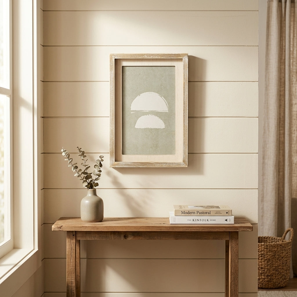 Wood framed sign featuring g half styled on a shelf or console table.